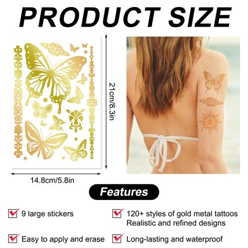 9pcs Gold Temporary Tattoos, 8.3x5.8in Tattoo Stickers Metallic Butterfly Star Moon Feather Waterproof Tattoos Stickers for Women Girls Parties Festivals Makeup Cosplay Accessories (Style B)