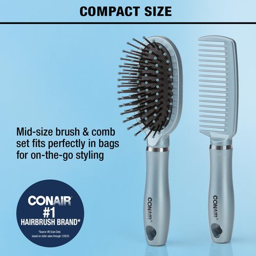 Conair Detangle & Style hair brush set - wide tooth comb and travel hair brush - Detangling Brush and Comb Set - Color at random - 2 Count