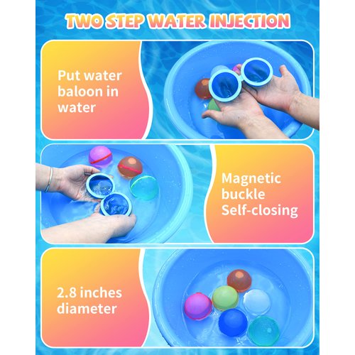 CHINIKO Reusable Water Balloons 15PCS, Summer Toy Pool Beach Toys for Kids Ages 3-12, Water Balloons Rapid-Filling Magnetic Self-Sealing for Outdoor Games, Family, Summer Fun Party