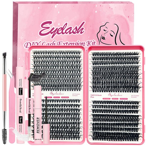 Qiveaory DIY Lash Extension Kit 720pcs Individual Lashes Clusters D Curl Eyelash Extension Kit with Lash Bond and Seal, Eyelash Remover Tweezers Brush(10-18mm,30D+40D+50D+60D) Lash Books DIY at Home