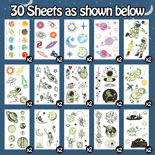 Partywind 225 Styles (30 Sheets) Luminous Space Kids Temporary Tattoos for Party Supplies, Outer Space Party Favors with Astronaut/Planet/Star/Moon, Gifts Games for Boys Children
