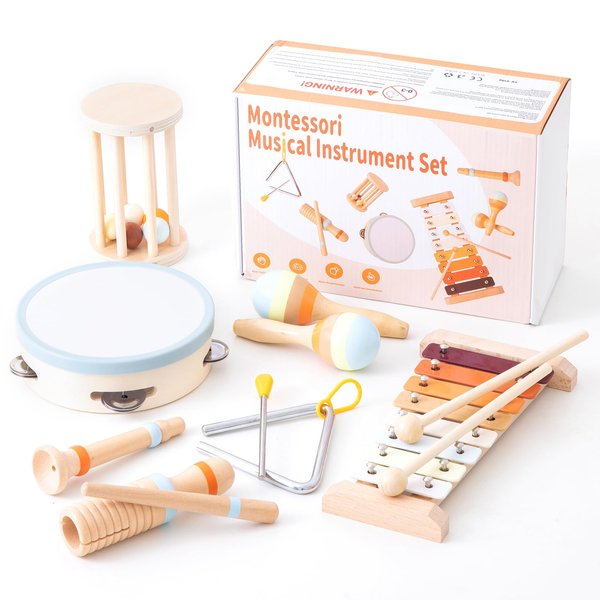 Baby Musical Instruments-Montessori Wooden Toys for Toddlers 1-3, 7-Piece Set of Neutral Colors Percussion Instruments Set with Modern Boho Xylophone for Kids Preschool Educational Birthday Gifts 3+