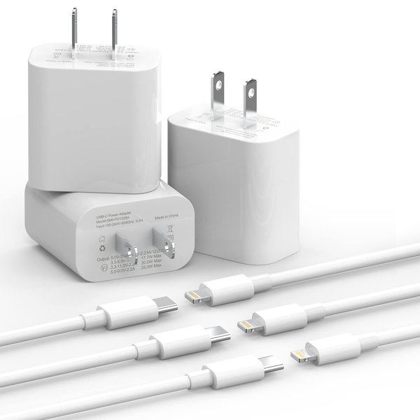 USB C Charger for iPhone Charger, 3Pack 20W USB C Wall Charger Block with Long 6FT Type C to Lightning Cable, Fast Charging Compatible with iPhone 14/13/12/11 Pro/Pro Max/XS Max/XS/XR/X/SE/8
