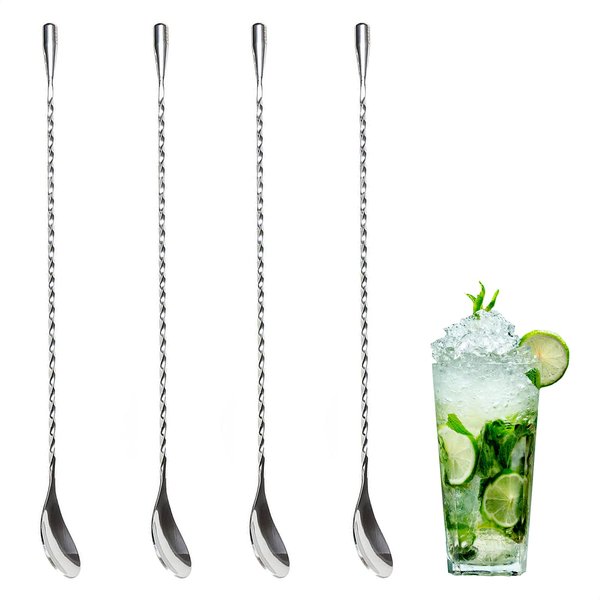 4Pcs Cocktail Spoon Long Handle Bar Spoon - 12" Metal Spoons Drink Mixers for Cocktails Stainless Steel Spoons Stirring Spoons for Coffee Bar Accessories - Home Bar Mixing Spoon Long Handle Spoon Set