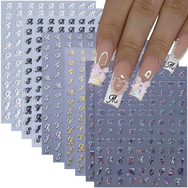 10 Sheets Retro English Letters Nail Stickers for Nail Art, Black White Gold Silver Laser English Letters Design Nail Decals 3D Self-Adhesive Letter Nail Art Stickers Nail Tip DIY Decoration for Women