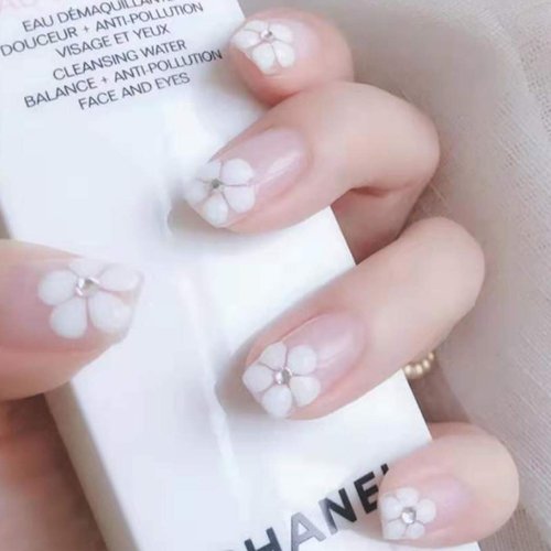 Chicque Rhinestone Press on Nails Short Crystal Stick on Nails French Glossy Fake Nails Festival False Nails for Women and Girls 24PCS (B)
