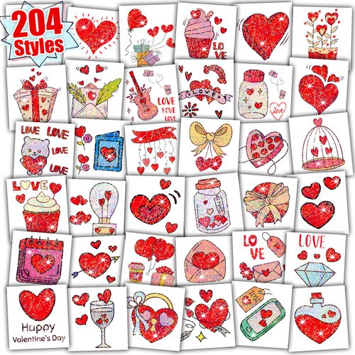 Partywind 204 Glitter Styles Valentine's Day Kids Temporary Tattoos, Valentines Party Supplies Favors Goodie Bag Stuffers, Exchange Surprise for Kids Classroom Prizes (Individually Wrapped Cut)