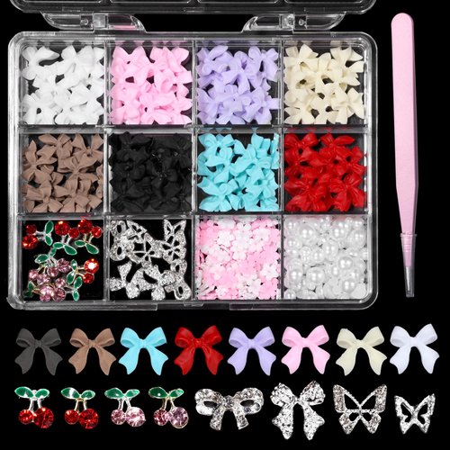 Uotey 3D Bows Nail Charms, Pink White Red Black Bows Flowers Pearls Nail Charms, Mixed Color Nail Charms Butterfly Cherry Alloy Silver Nail Art Gems Charms for Nail Art Decor Accessories DIY