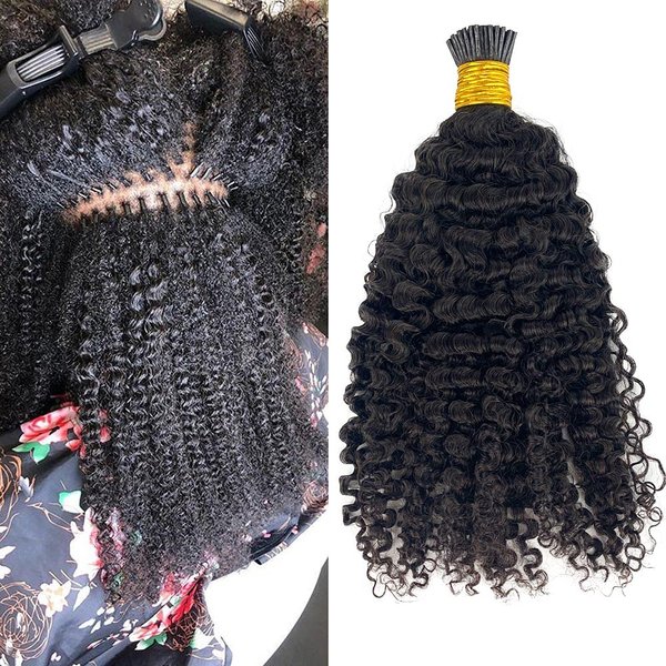 HAPPY&CC 4B 4C Afro Kinky Curly I Tip Hair Extensions Brazilian Virgin Human Hair 1gstrand 100g Easy Stick I Tip Hair (14inch)