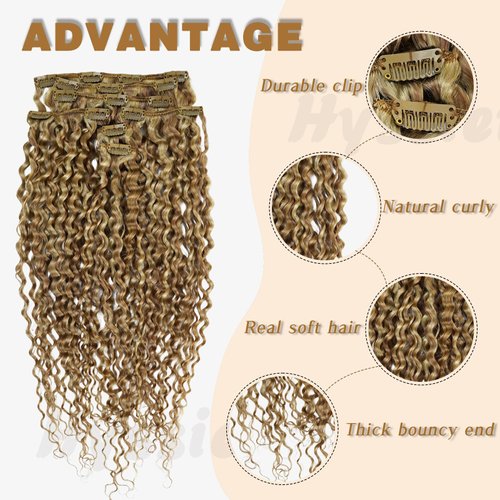 Hyssiet 16 Inch Curly Human Hair Clip in Extensions 7pcs with 16 Clips Healthy Wavy Clip Hair Extensions Real Human Hair 120g Light Brown Highlighted Bleach Blonde Soft Thick Curly Hair Extensions