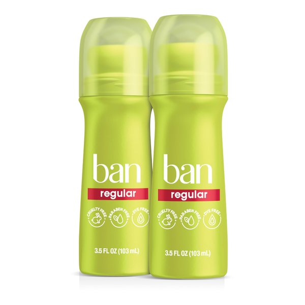 Ban Regular Scent 24-hour Invisible Antiperspirant, Roll-on Deodorant for Women and Men, Underarm Wetness Protection, with Odor-fighting Ingredients, 3.5 oz, 2-pack