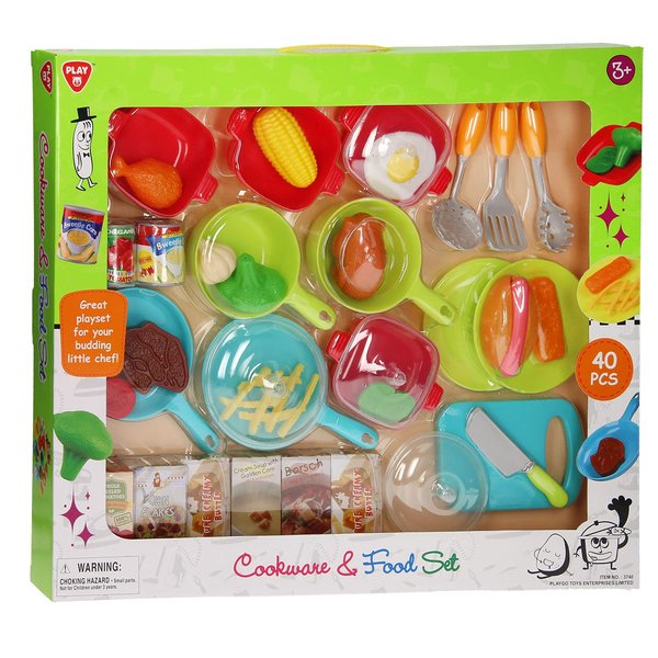 Play 40 Pc Cookware Kitchen Playset - Knife Cutting Board & Play Utensils - Realistic Plas