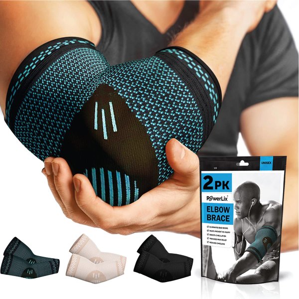 POWERLIX Elbow Brace Compression Support (Pair) - Elbow Sleeve for Tendonitis, Tennis Elbow Brace and Golfers Elbow Treatment, Arthritis, Workouts, Weightlifting – Reduce Elbow Pain (Blue, S)