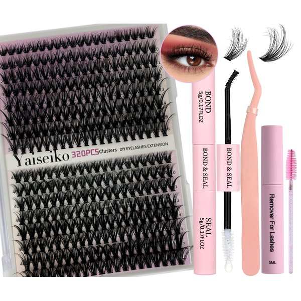 Lash Extension Kit with 320 Pcs 30D+40D Lash Clusters, Bond and Seal and Remover Lash Applicator D Curl 9-16mm Mix DIY Eyelash Individual Lashes for Beginners Self Application DIY at Home, by Yaiseiko