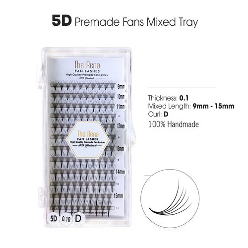 Premade Fans Eyelash Extensions Mixed Tray 5D | Volume Lash Extensions Fans 12 Lines Mix Length 9 - 15mm, Thick 0.1, Curl D | The Rena Fan Lashes