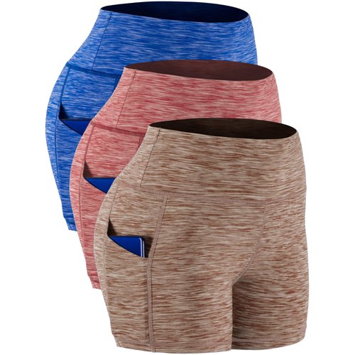 CADMUS Women's High Waist Yoga Shorts,Tummy Control,Workout Shorts Out Pockets,3 Pack,1015,Blue & Brown & Red,Medium