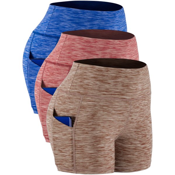CADMUS Women's High Waist Yoga Shorts,Tummy Control,Workout Shorts Out Pockets,3 Pack,1015,Blue & Brown & Red,Medium