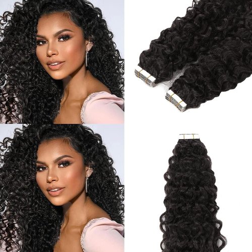 Curly Hair Extensions Real Human Hair Tape in 14inch Jerry Curly Glue in Skin Weft Soft Virgin Hair 3B 3C Type Black Color #1B Tape on Hair Extensions for Black Girls Full Head 16pcs 40grams