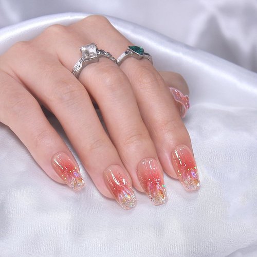Mifoneix Bling Coffin Press on Nails Fake Nails Full coverage Medium fake gradient nails for women and girls (pink coffin shiny)12 Sizes 24 Pieces