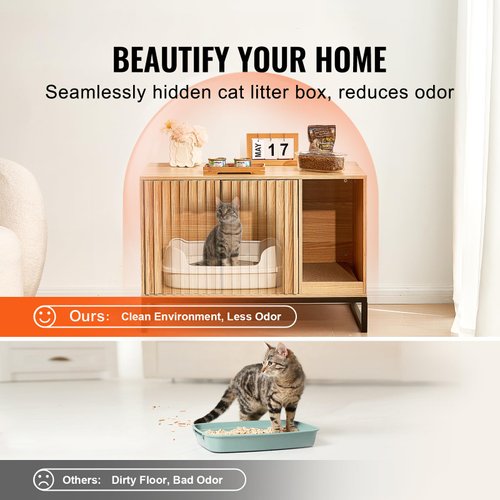 Happybuy Cat Litter Box Enclosure, Hidden Litter Box Furniture, Wooden Cat Washroom Indoor with 2 Doors & Study Metal Legs,Cat House Cabinet Hidden Fit Most of Litter Box,31.5"L x 20"W x 22"H, Natural