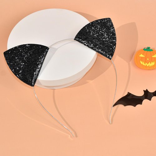 U-Goforst Black Cat Ears Headband Adult, Glitter Black Cat Costume for Women Girls, Halloween Cat Ears Fancy Dress Cat Woman Cosplay Accessories