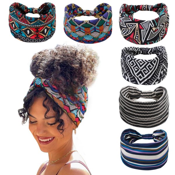 TERSE Headbands for Women Wide Headband for Women's Hair Non Slip Boho Printed Fashion Stretch Head Wraps Turban African Head Bands Yoga Workout Running Hair Accessories, 6 Packs