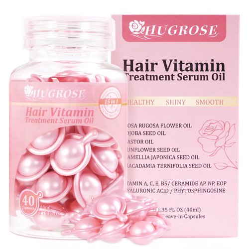 HUGROSE Hair Treatment Serum oil,Moisturizing & haircare Capsules,hair oil,Capsules with Rosa Rugosa Flower,Jojoba & Macadamia Seed-Leave-in Anti Frizz Conditioner with Vitamins A, C, E & B5(40pcs)