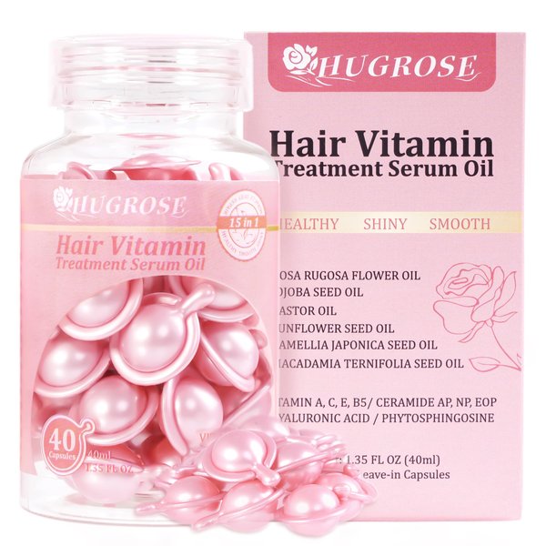 HUGROSE Hair Treatment Serum oil,Moisturizing & haircare Capsules,hair oil,Capsules with Rosa Rugosa Flower,Jojoba & Macadamia Seed-Leave-in Anti Frizz Conditioner with Vitamins A, C, E & B5(40pcs)