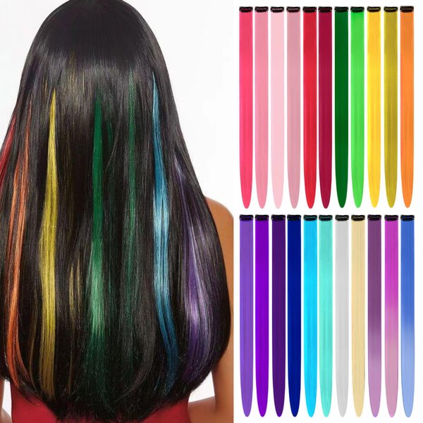 BUMMSEVEN 22 Pcs Colored Hair Extensions Clip in Hairpiece Accessories, 22 Inch Long Streak Straight Heat Resistant Synthetic Ins, Using for Halloween Costume Party Highlights (Colorful Kit Rainbow)