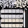 2700 Pcs Flat Back Pearls Kits 1 Box of Flatback White+1 Box of Beige Half Round Pearls with Pickup Pencil and Tweezer for Home DIY and Professional Nail Art, Face Makeup and Craft