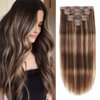 Clip-in Hair Extensions for Women, Chocolate Brown to Caramel Blonde Straight Long, Clip Real Human Hair 100g 7pcs with 16 Clips #4/27/4, 16 Inch
