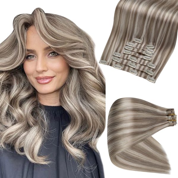 Full Shine Clip in Hair Extensions Ash Brown Highlights Platinum Blonde 14 Inch Full Head Clip in Hair Extensions 8Pcs/120G Pu Weft Real Human Hair Clip in Extensions Seamless Human Hair