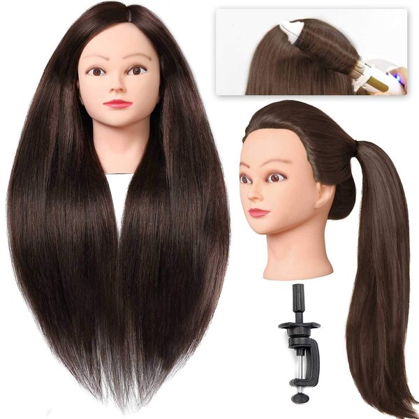 Willinghair 26"-28" Mannequin Head with 60% Real Hair, Hairdresser Practice Training Head Cosmetology Long Hair Manikin Doll Head with 9 Tools and Clamp - #4, Makeup On