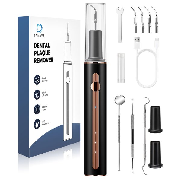 TANAVE Plaque Remover for Teeth, Teeth Cleaning Kit with Ultrasonic Tooth Cleaner and Dental Tools, Dental Picks for Teeth Cleaning and Rechargeable Plaque Blaster with LED, Tartar Remover, 4 Heads