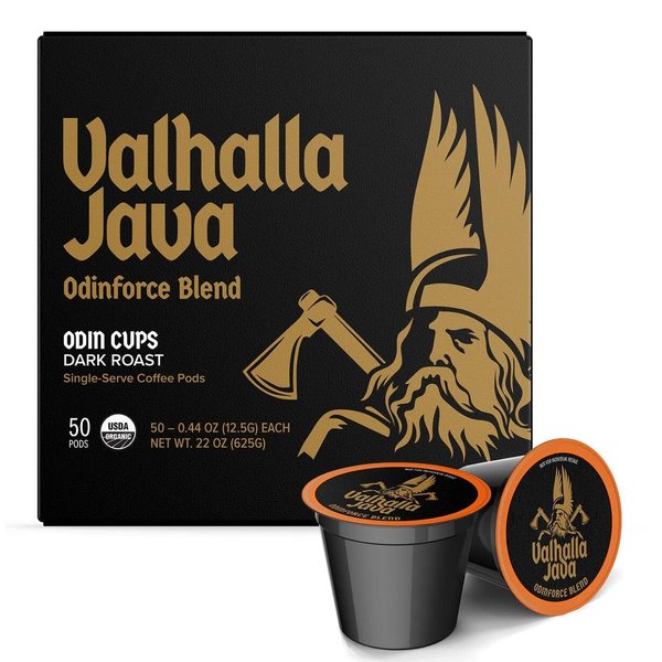 Death Wish Coffee Co. Valhalla Java Single Serve Pods - Extra Kick of Caffeine - Dark Roast Coffee Pods - Made with USDA Certified Organic Fair Trade Arabica and Robusta Beans (50 Count)