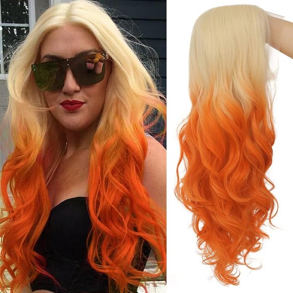 Salaibs Blonde Orange Lace Front Wig for Women Long Curly Wavy Middle Part Wig Synthetic Cosplay Daily Party Costume Hair Wigs