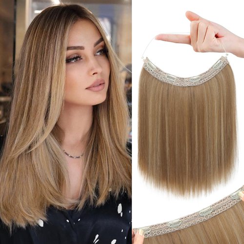 REECHO 12" Invisible Wire Hair Extensions with Thinner Softer Lace Weft Adjustable Size Removable Secure Clips in Short Straight Secret Hairpiece for Women - Light Brown with Blonde Highlights