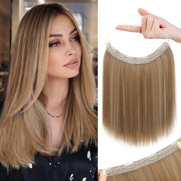 REECHO 12" Invisible Wire Hair Extensions with Thinner Softer Lace Weft Adjustable Size Removable Secure Clips in Short Straight Secret Hairpiece for Women - Light Brown with Blonde Highlights