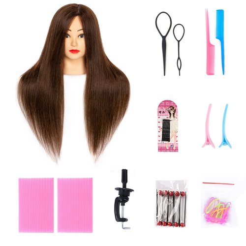 Cosmetology Mannequin Head With 60% Real Hair 26 inch Long Cosmetology Mannequin Head For Hair Styling Brown Hair Training Head Hairdresser Practice Doll Head With Clamp Holder