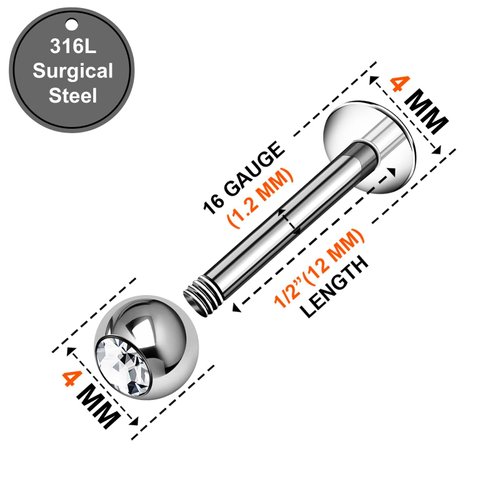 4PCS Surgical Steel Lip Labret 16g 1/2 12mm 4mm Crystal Ball Vertical Labret Cartilage Monroe Earrings Piercing Jewelry 9264