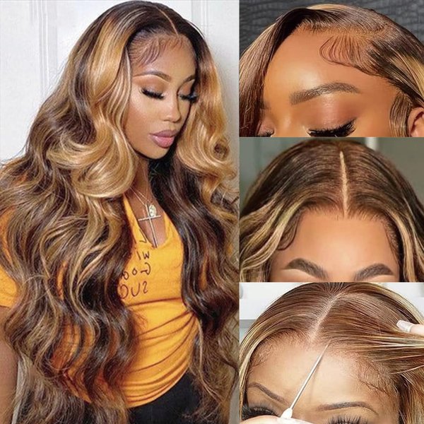 allboom Highlight Ombre Lace Front Wig Human Hair, Glueless Wigs Human Hair Pre Plucked Pre Cut, 5x5 HD Lace Closure Wigs Human Hair, 4/27 Colored Body Wave Wig Piano Color 30 Inch