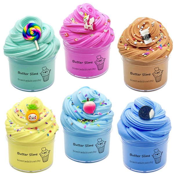 6pack Butter Slime Kit- Blue Oreo,Yellow Pineapple,Pink Peach,Lollipop Candy Slime,Super Soft and Non-Sticky, Birthday Gifts, Party Favor for Kids Girls & Boys.