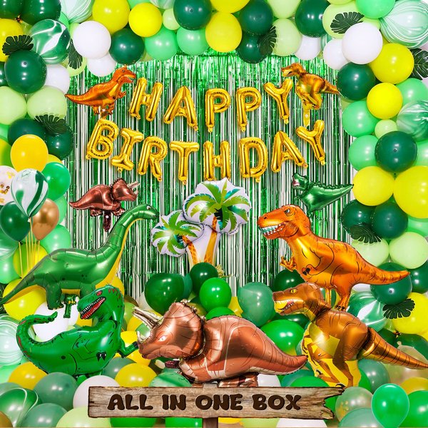 TONIBOL Dinosaur Birthday Party Supplies 288pcs Balloons Dino Party Favors Decoration Kids Happy Birthday Banner Curtain Backdrop, Yellow,white,green