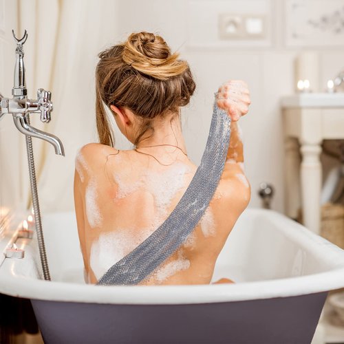 4 Pieces African Net Bath Net Sponge Body Exfoliating Polyester Cleaning Shower Body Scrubber Back Scrubber Exfoliating Wash Bath Cloth for Daily Use (Black, Blue, White, Gray,7.8 x 27.6 Inch)