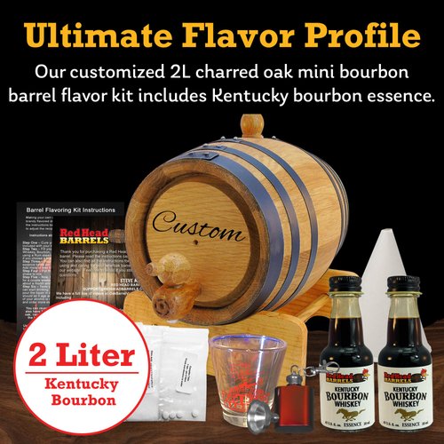 Red Head Barrels - 2 Liter Custom Engraved American White Oak Aging Barrel with Flavoring Gift Set, Free Shot Glass, Premium White Oak Wood Barrel & Homebrew Kit (Kentucky Bourbon)