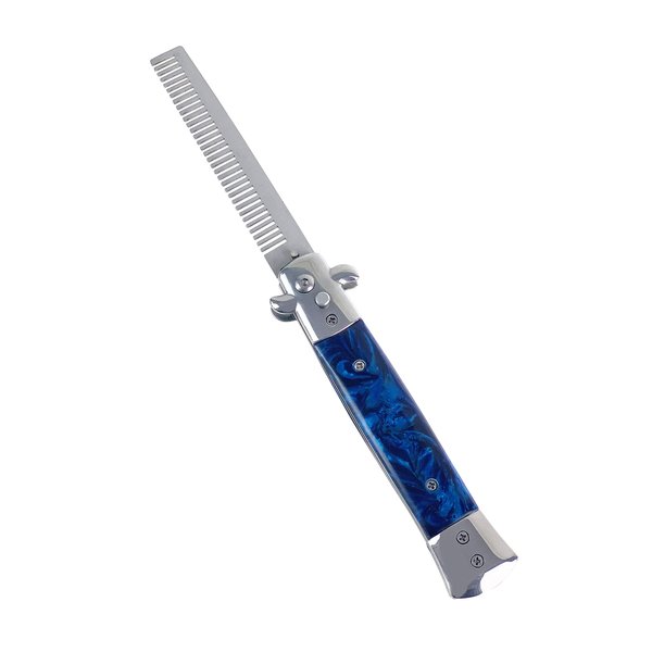 Switchblade Comb Pocket Knife Hair Brush Automatic Push Button Folding Barber (Blue Marble)