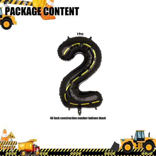 Construction Balloons 40 Inch Construction Number Balloon 2 Black Construction Truck Themed Bulldozer Dump Truck Foil Mylar Balloon Two Years Old Baby 2nd Birthday Party Decor Supplies