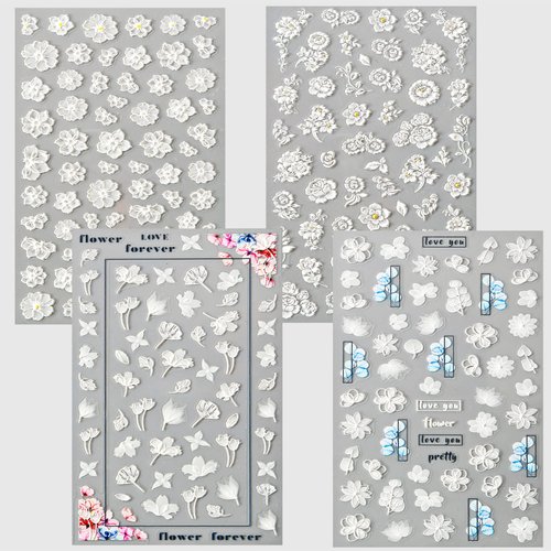 TailaiMei 4 Sheets Flower Nail Art Stickers 5D Exquisite Embossed Nail Decals, Self-Adhesive Carving Design Daisy Rose Nail Decoration for Women DIY