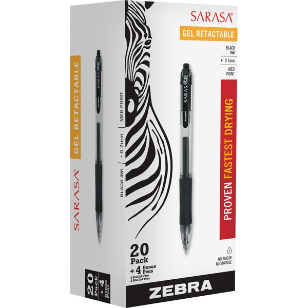 Zebra Gel Pens, Retractable, 0.7mm, Ink/Assorted, Barrel, 24/Pack, Clear (ZEB14680)