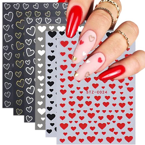 6 Sheets Heart Nail Art Stickers 3D Self-Adhesive Glitter Love Nail Stickers Red Gold Designs Heart Nail Decals DIY Colorful Heart Love Nail Art Supplies for Women Girls Nail Manicure Decorations